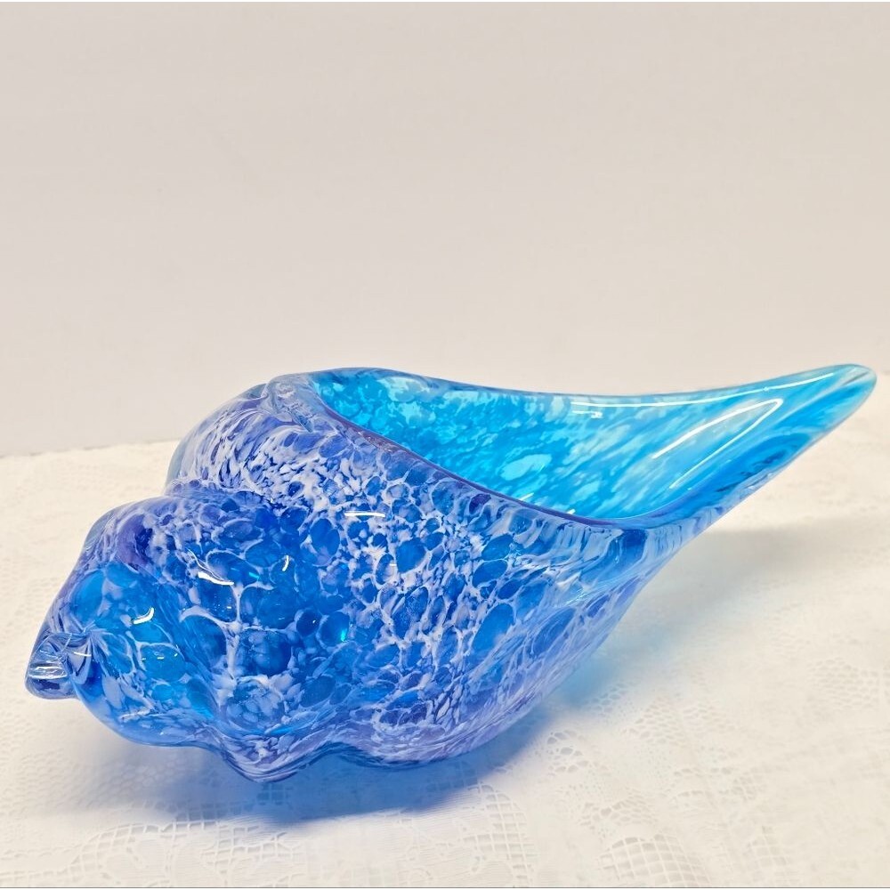 Murano Style Teal Blue CONCH SHELL Hand-blown Art Glass Trinket Candy Dish